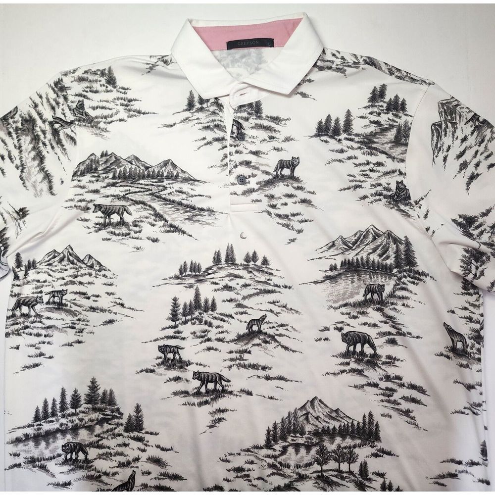 Greyson Men's Short‎ Sleeve Hazeltine Polo Size L All Over Wolf Print RARE PRINT